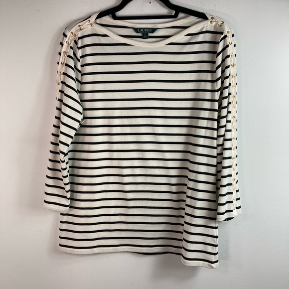 Ralph Lauren Tops - Ralph Lauren XL Ivory Black Striped LaceUp Sleeves
